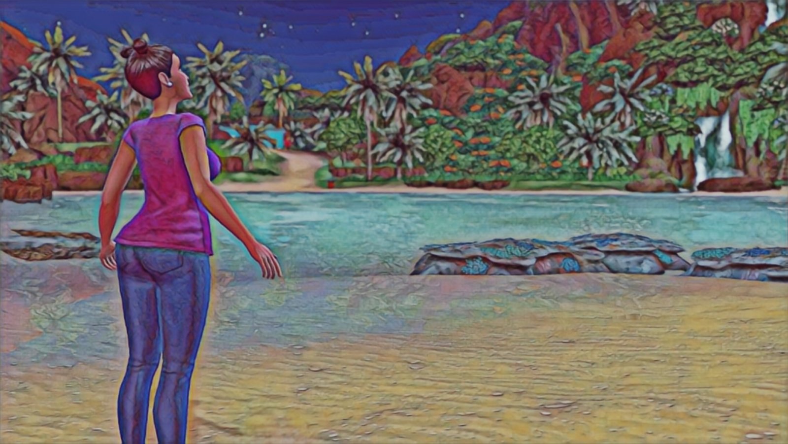 A woman on a cliff sim Alma ocean